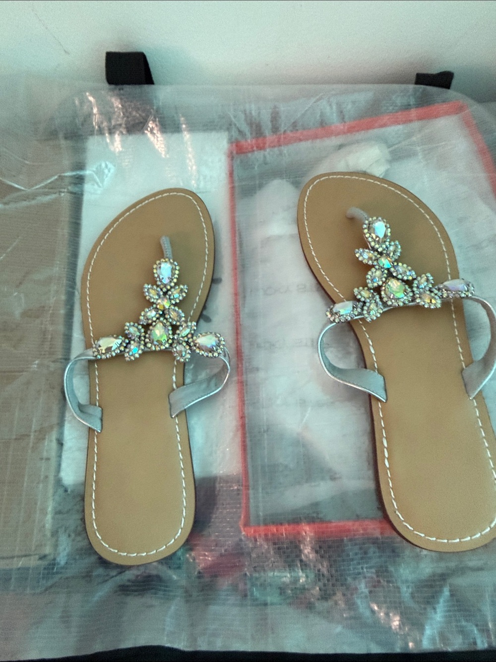 Embellished Silver T-Strap Sandals - Women